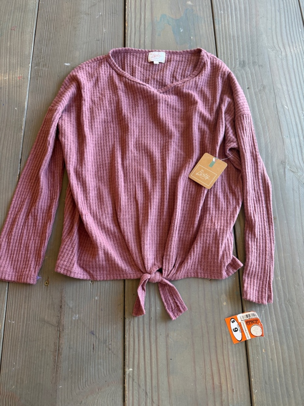 Girls' Waffle Knit Long Sleeve Tie-Front Top - Dusty Rose
